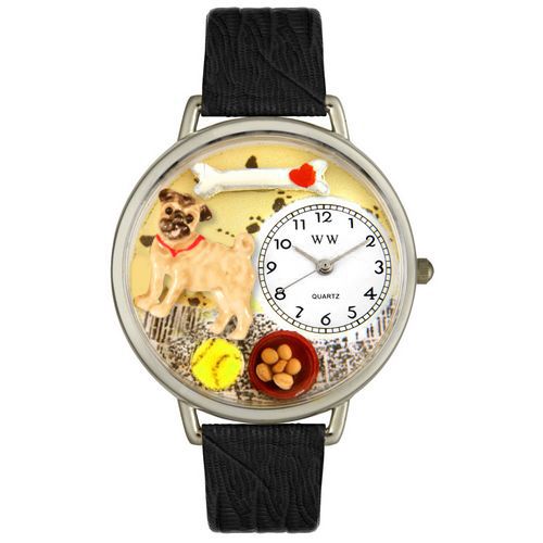 Pug Black Skin Leather And Silvertone Watch #U0130061
