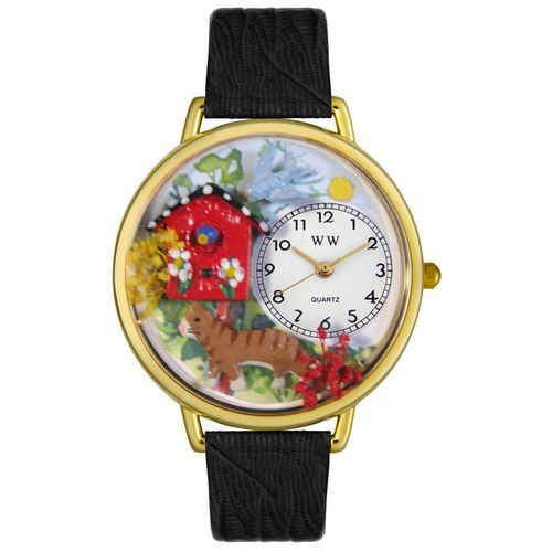 Birdhouse Cat Black Skin Leather And Goldtone Watch #G0120005