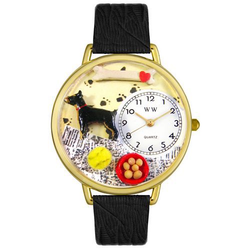 Doberman Pinscher Black Skin Leather And Goldtone Watch #G0130035
