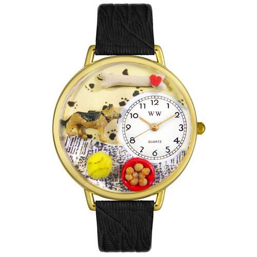 German Shepherd Black Skin Leather And Goldtone Watch #G0130040