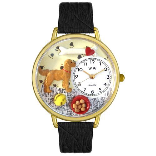 Golden Retriever Black Skin Leather And Goldtone Watch #G0130042