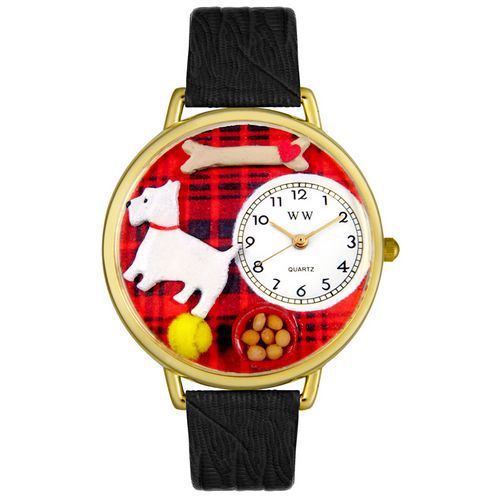 Westie Black Skin Leather And Goldtone Watch #G0130073