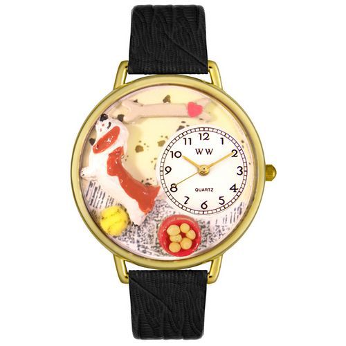 Basset Hound Black Skin Leather And Goldtone Watch #G0130078
