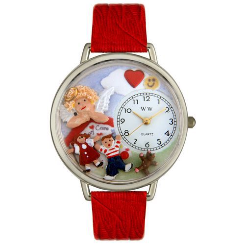 Day Care Teacher Red Leather And Silvertone Watch #U0630015