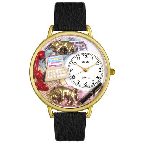 Stock Broker Black Skin Leather And Goldtone Watch #G0610003