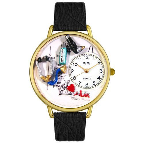 Respiratory Therapist Black Skin Leather And Goldtone Watch #G0620028