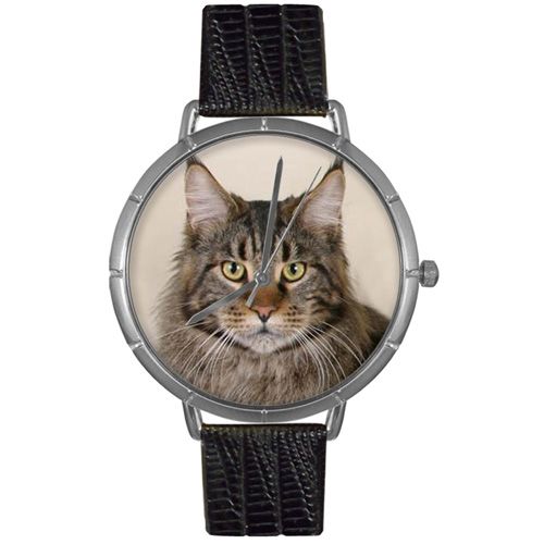 Whimsical Watches Maine Coon Cat Black Leather And Silvertone Photo Watch #T0120051