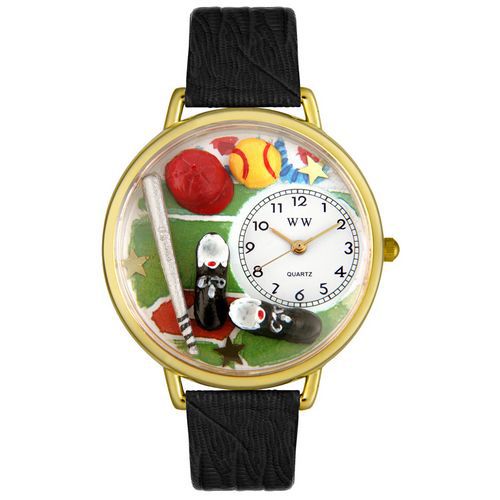 Softball Black Skin Leather And Goldtone Watch #G0820022