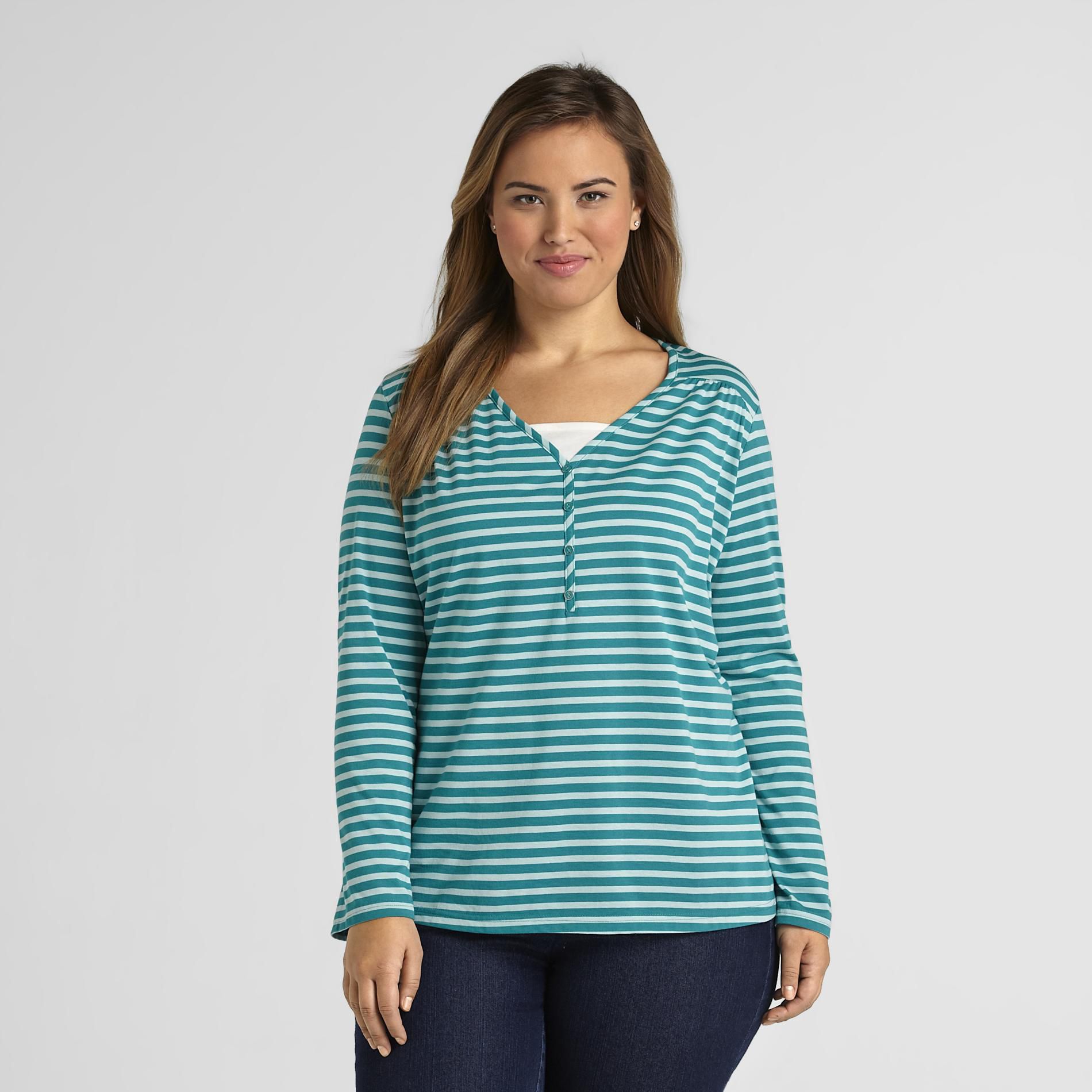 Basic Editions Women's Plus Henley with Inset - Striped at Kmart.com