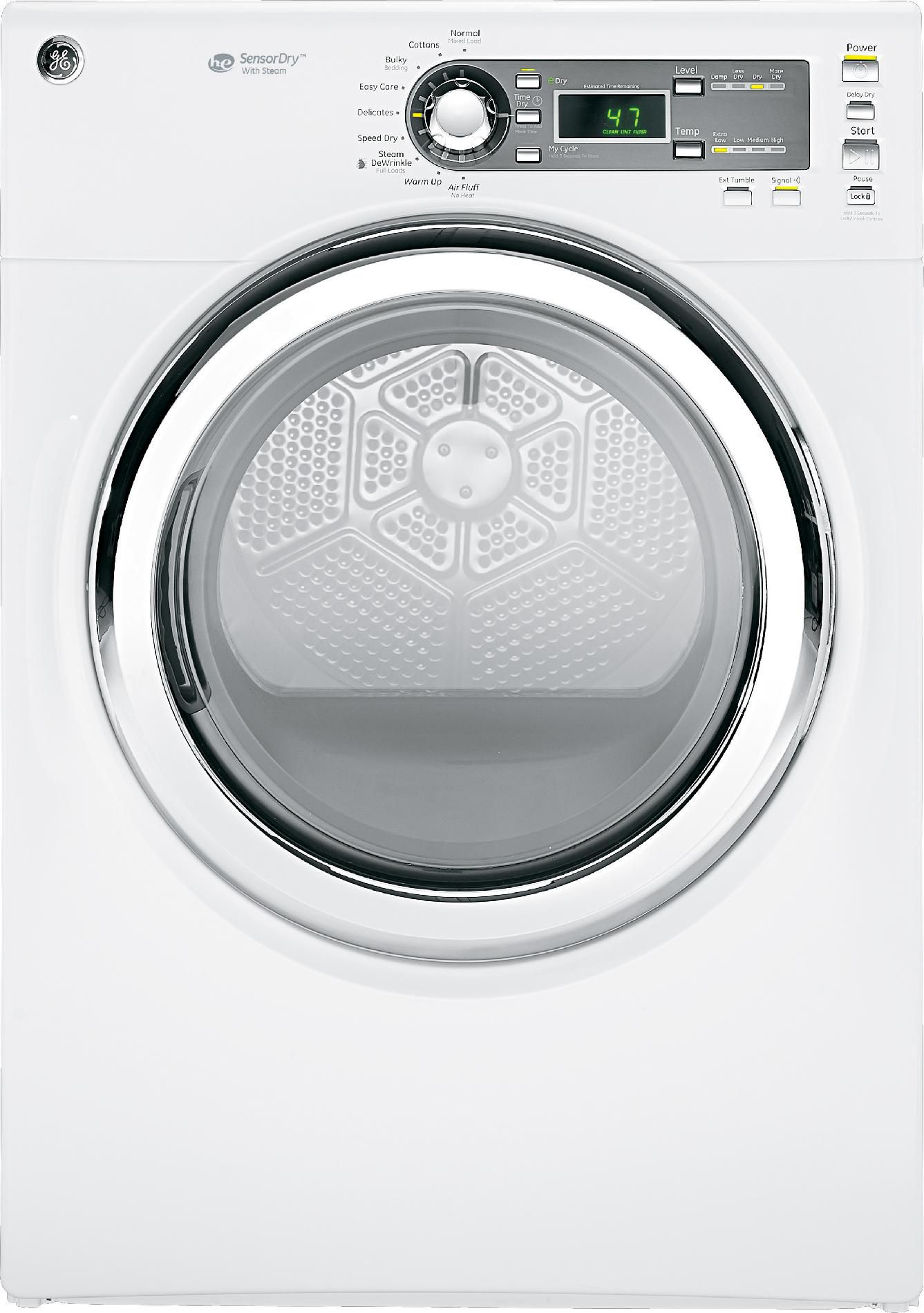 GE 7.5 cu. ft. Steam Electric Dryer w/ Stainless Steel Drum - White 7.0 cu. ft. and greater