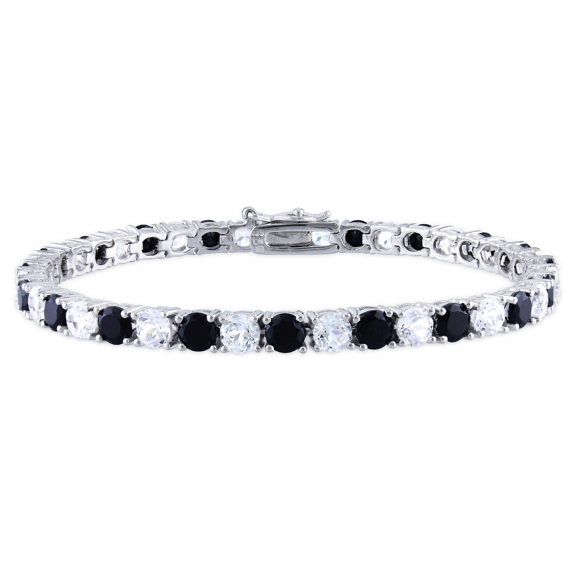 14 1/4 CT Created White Sapphire & Black Spinel Silver Bracelet 7"