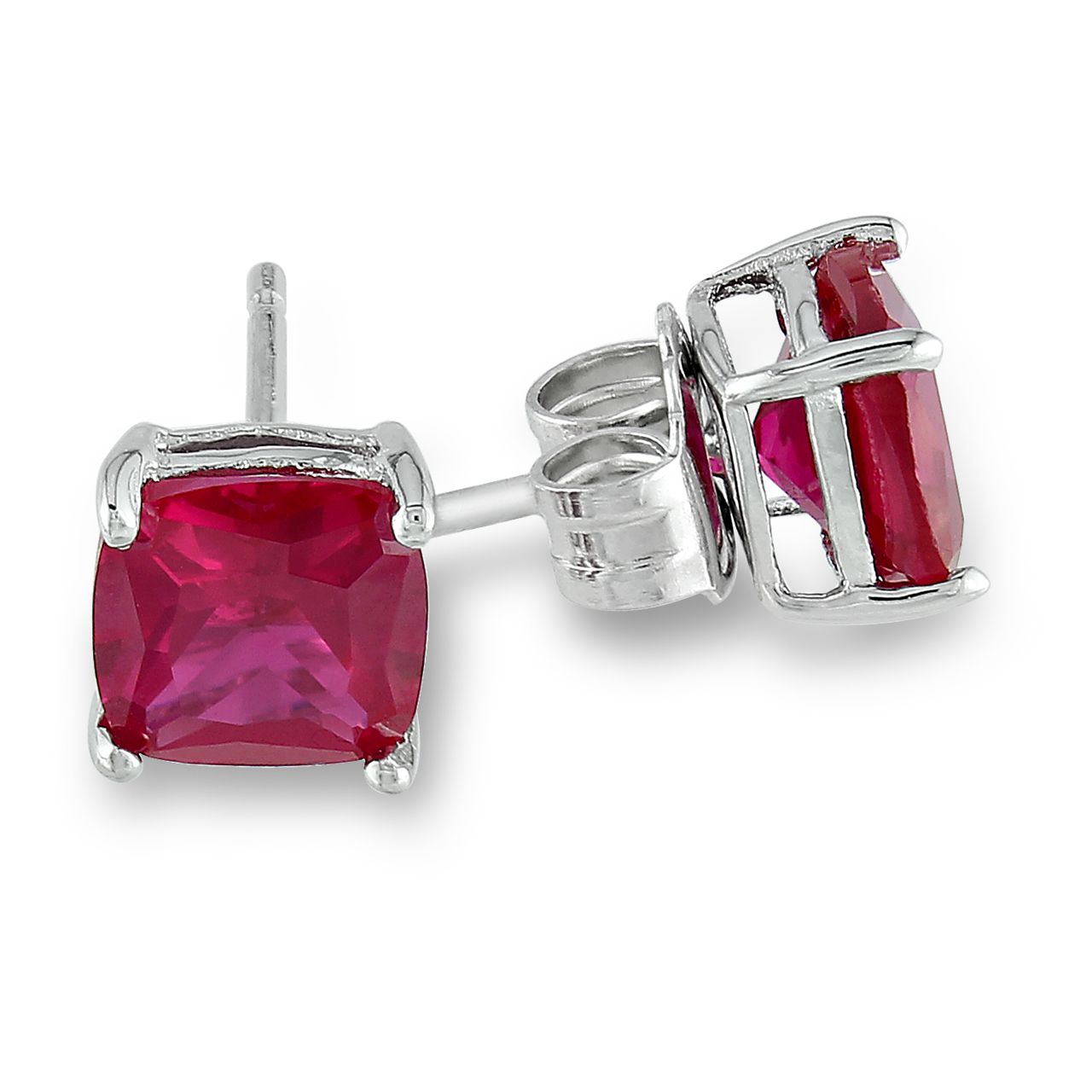 2-1/2 CT Cushion Created Ruby Silver Solitaire Earrings
