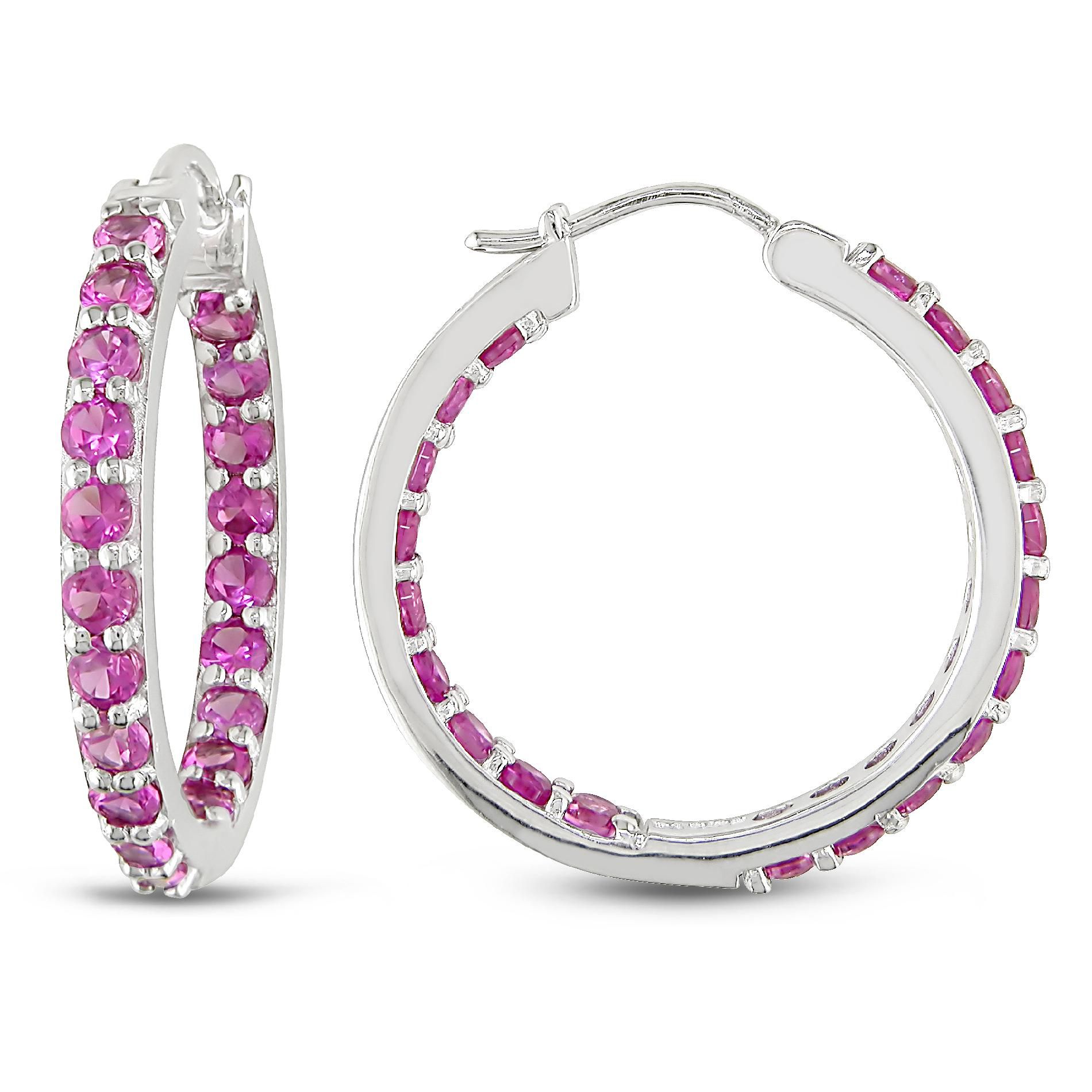 Sterling Silver 3 3/5 CT TGW Created Pink Sapphire Hoop Earrings