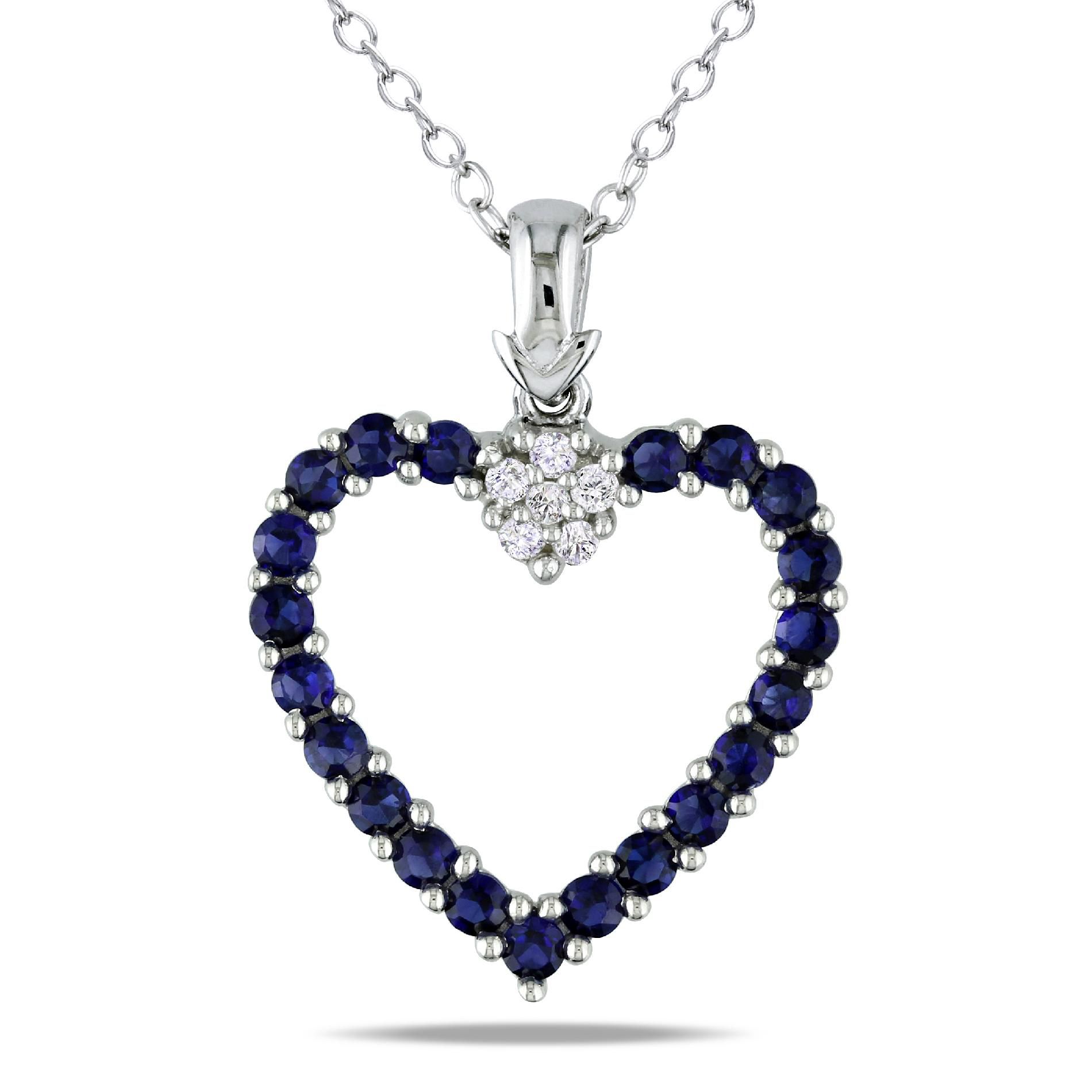 Sterling Silver 5/8 CT TGW Created Sapphire 0.06 CT TDW Diamond Heart Pendant (I3)
