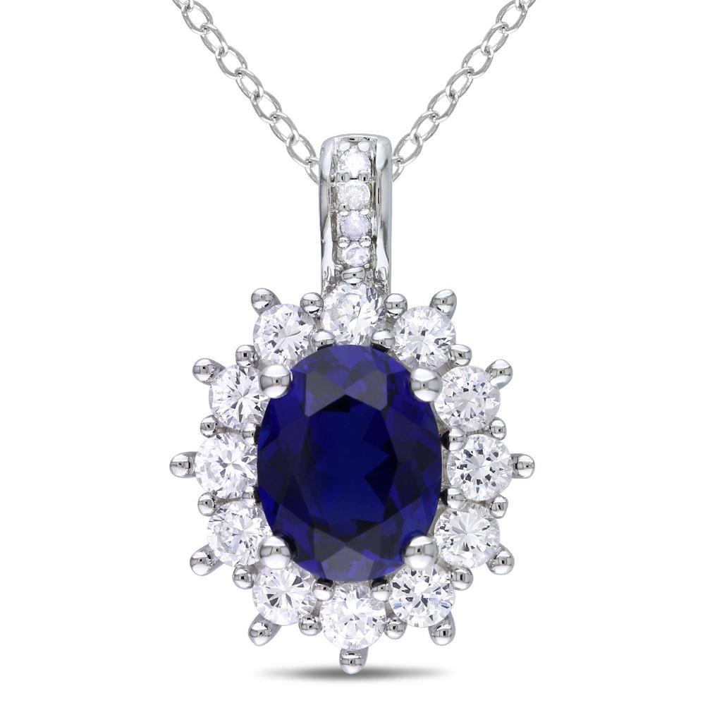 .02 CT  Diamond TW And 4 CT TGW Created Blue and White Sapphire Sterling Silver Pendant (GH  I3)