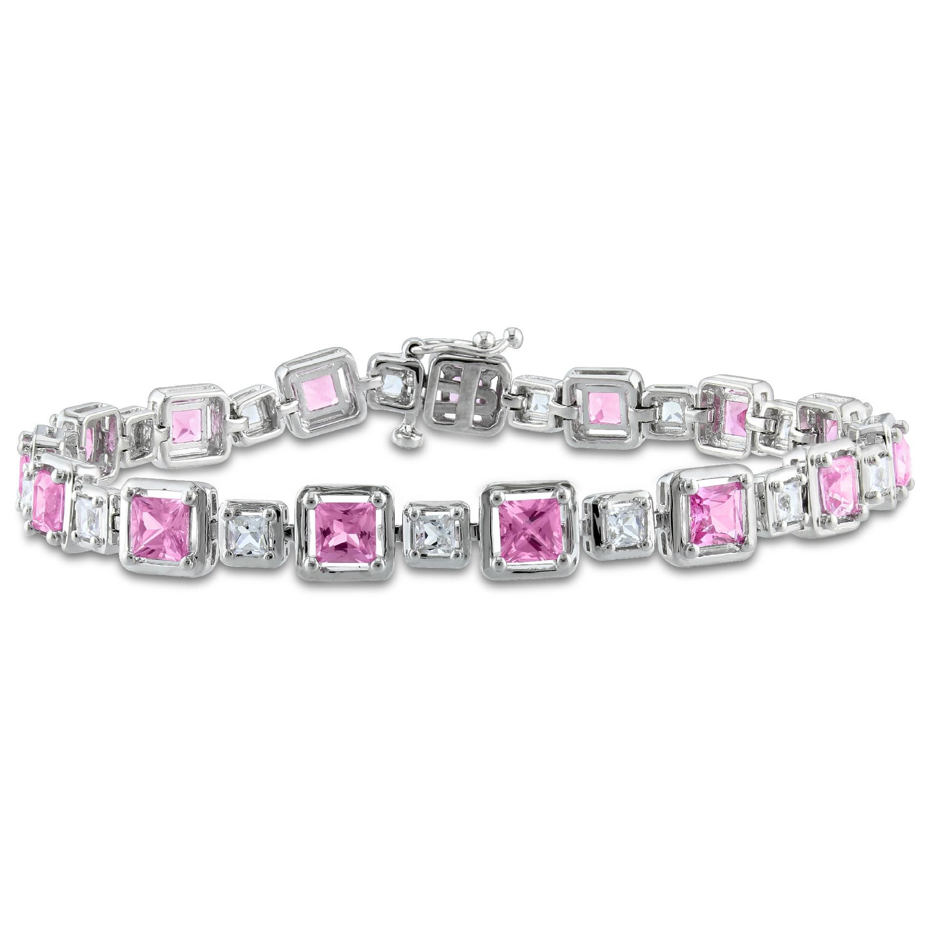 7 1/2 CT TGW Created White and Pink Sapphire Sterling Silver Bracelet  7"
