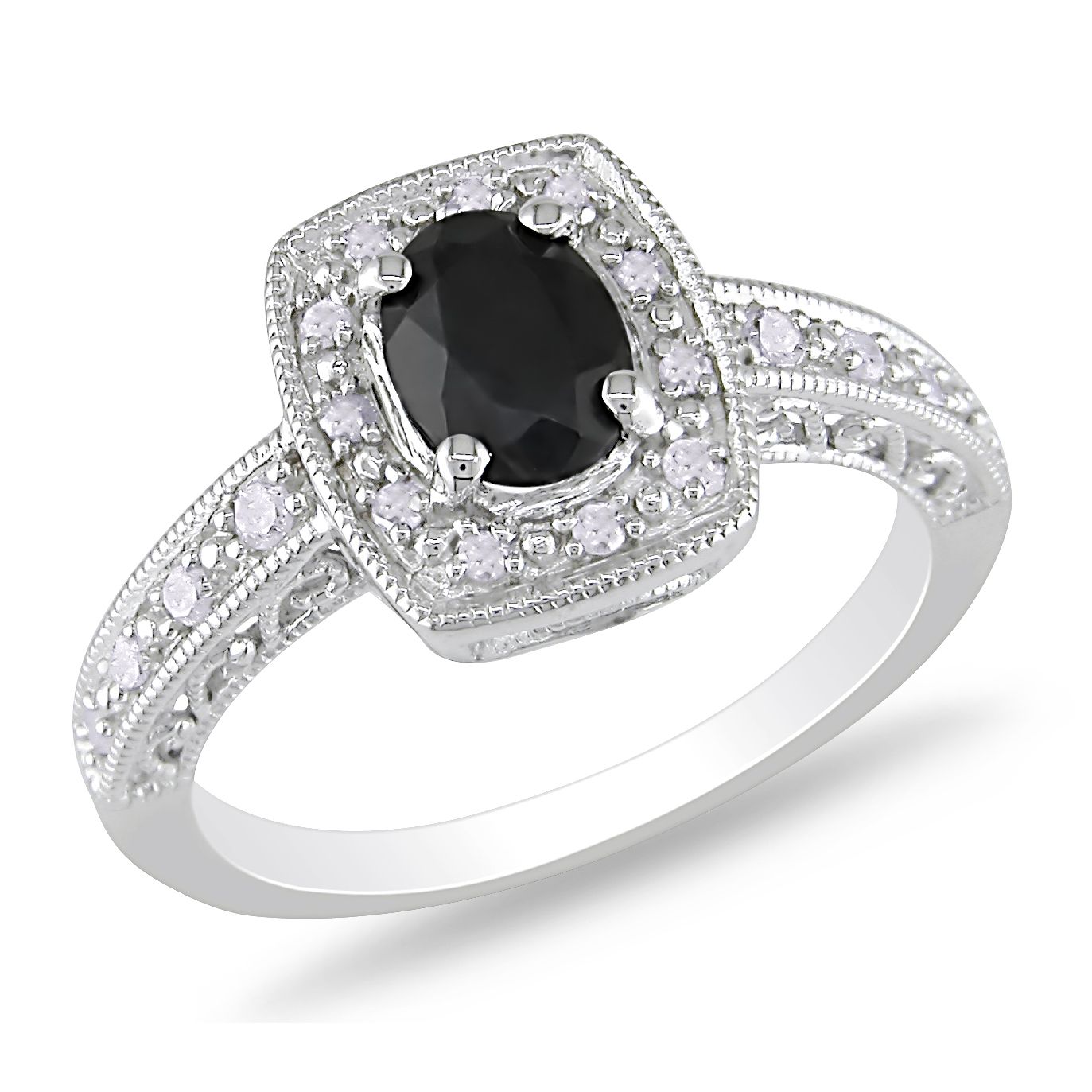 1/6 CT  Diamond And 1 CT Black Sapphire Sterling Silver Fashion Ring