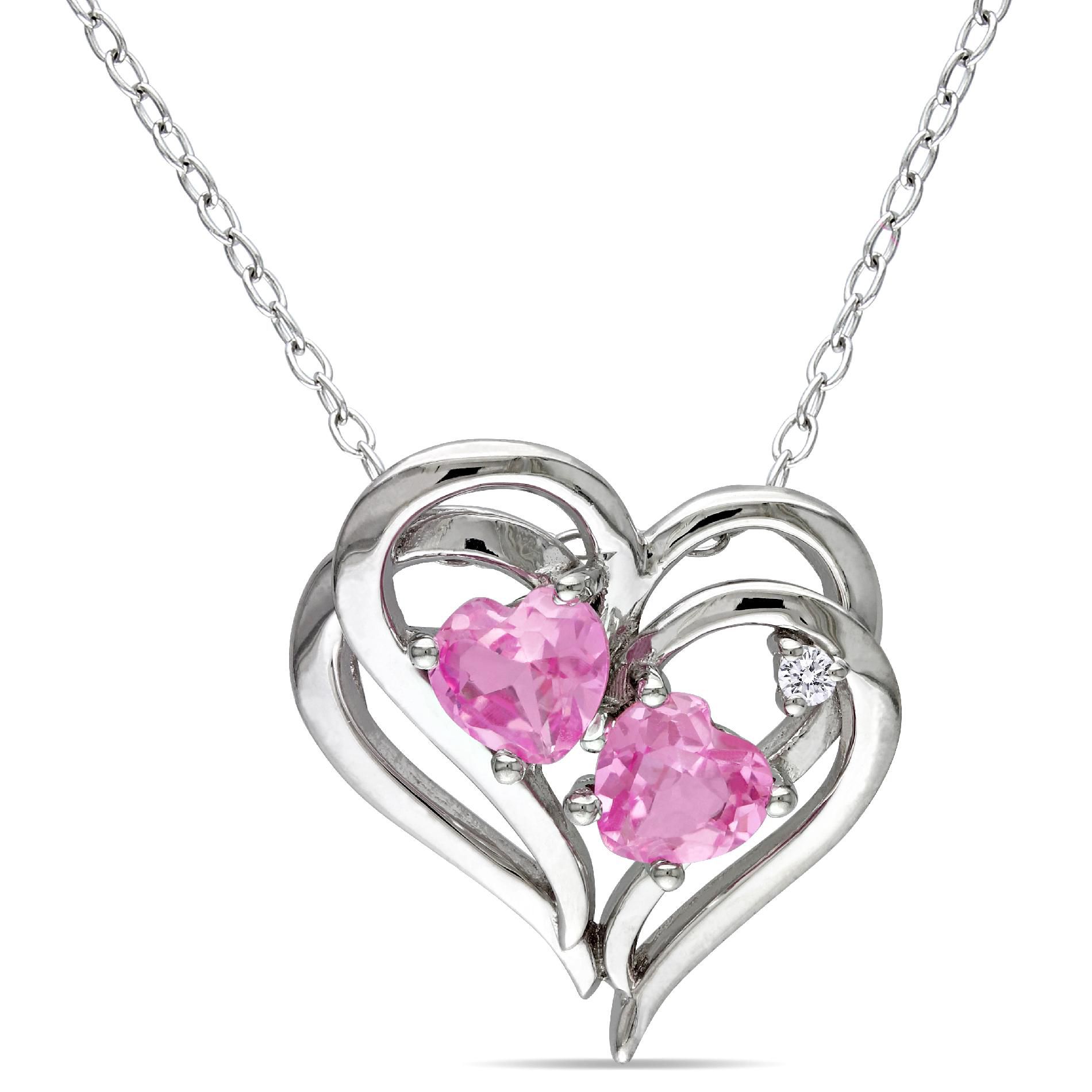 0.02 CT  Diamond And 1 CT Created Pink Sapphire Sterling Silver Heart Pendant (GH, I3)