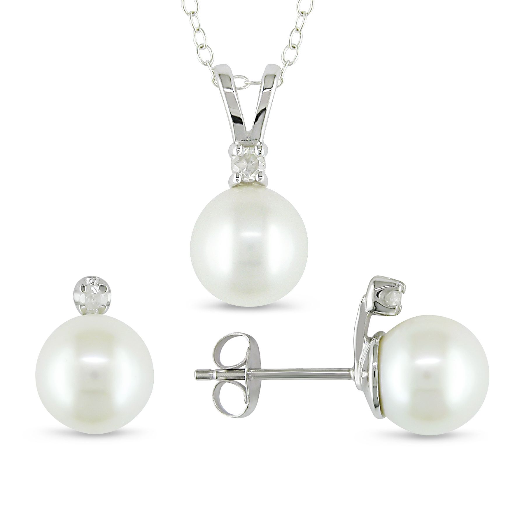 Sterling Silver 0.1 ct Diamond and 8-8.5mm Cultured Freshwater Pearl Pendant and Earring Set, (H-I, I2-I3)