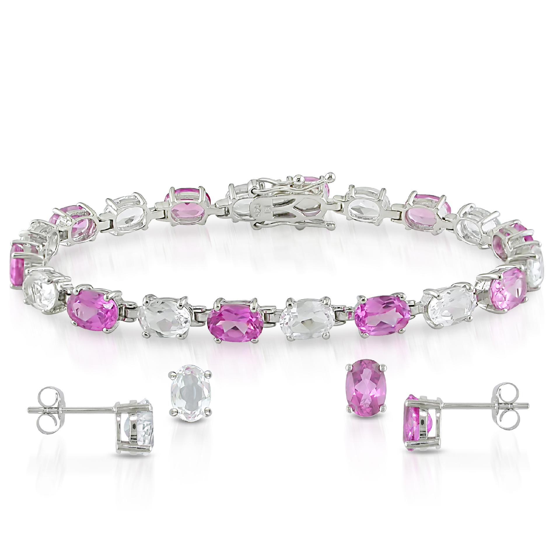 Sterling Silver 25 CT TGW Oval Created Pink Sapphire and White Topaz Stud Earrings and Bracelet (7