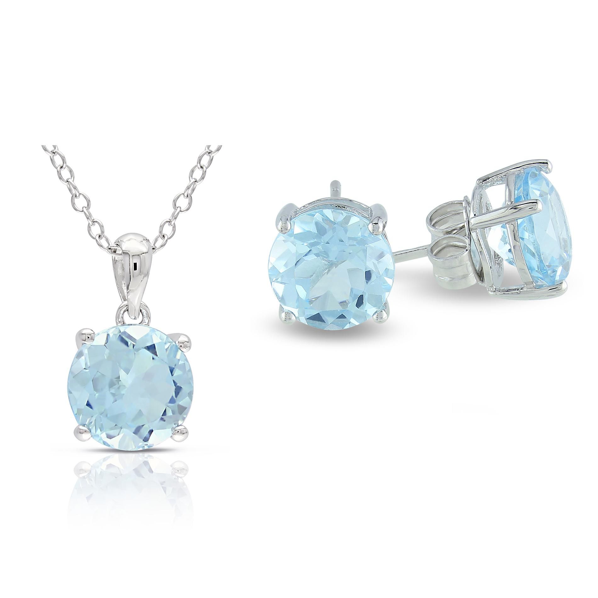 6.35 CT Round Blue Topaz Sterling Silver Earring & Pendant Set