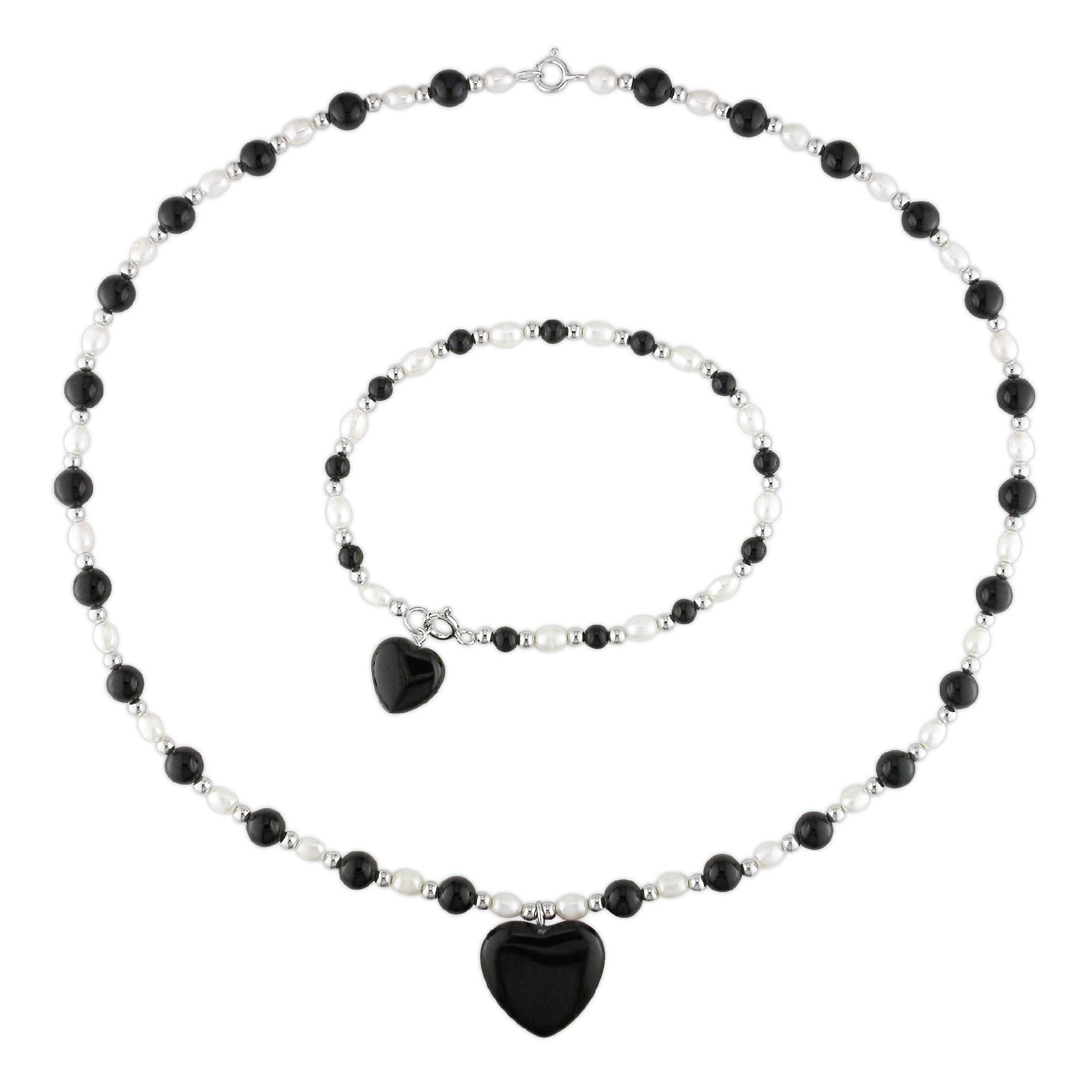 4mm Freshwater Pearl, Onyx & Sterling Silver Heart Necklace & Bracelet Set