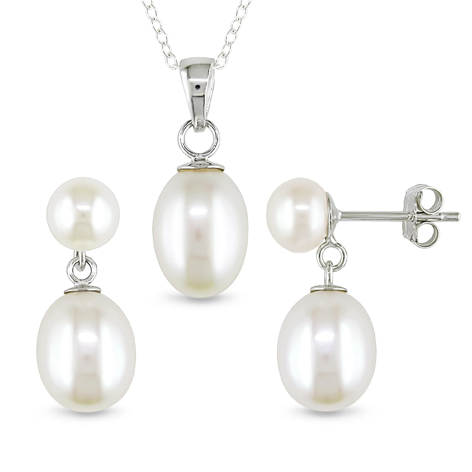 Sterling Silver White Pearl Earring and Necklace Set