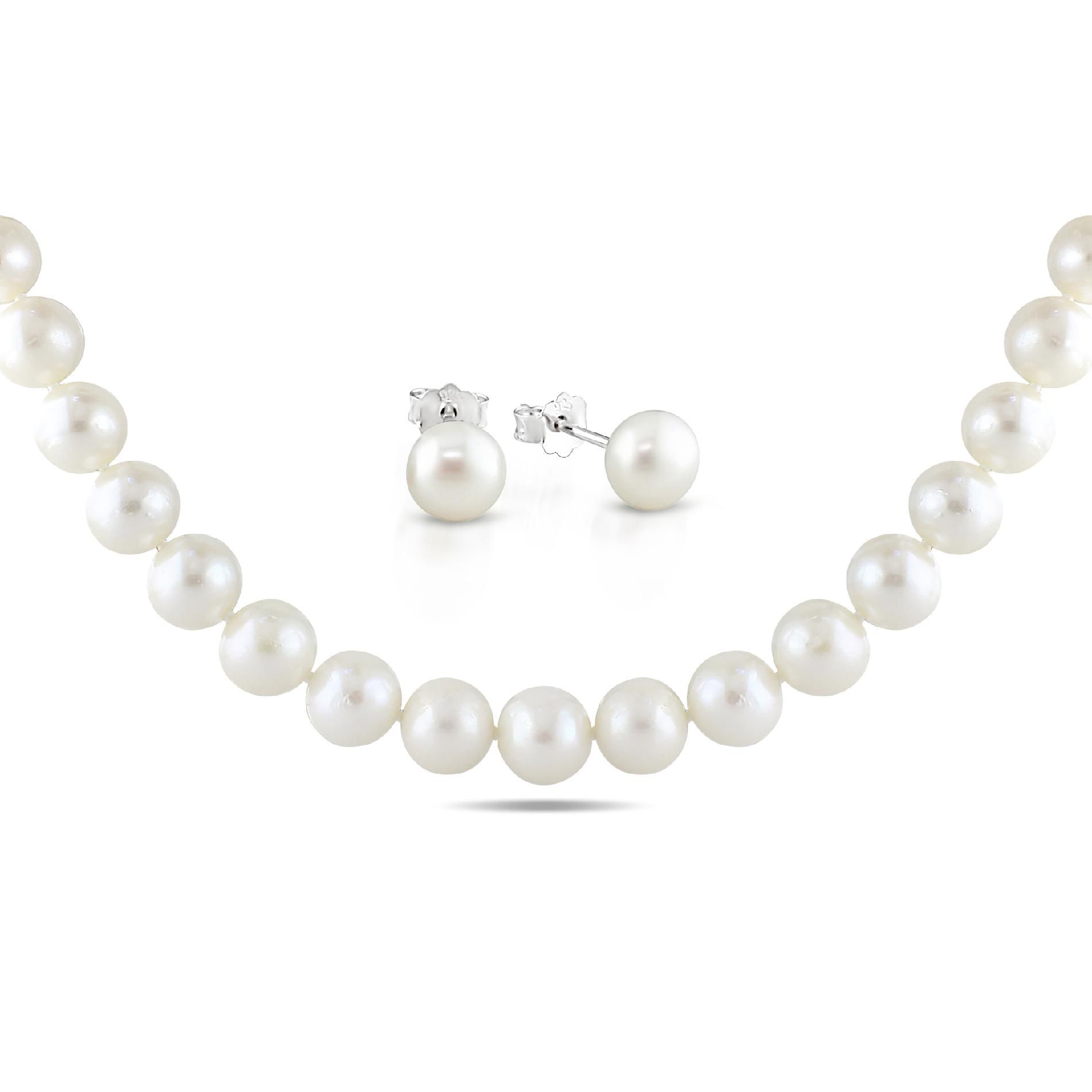 Sterling Silver Set of Freshwater White Pearl Necklace and Stud Earrings (10.5-11mm, 8-9mm)