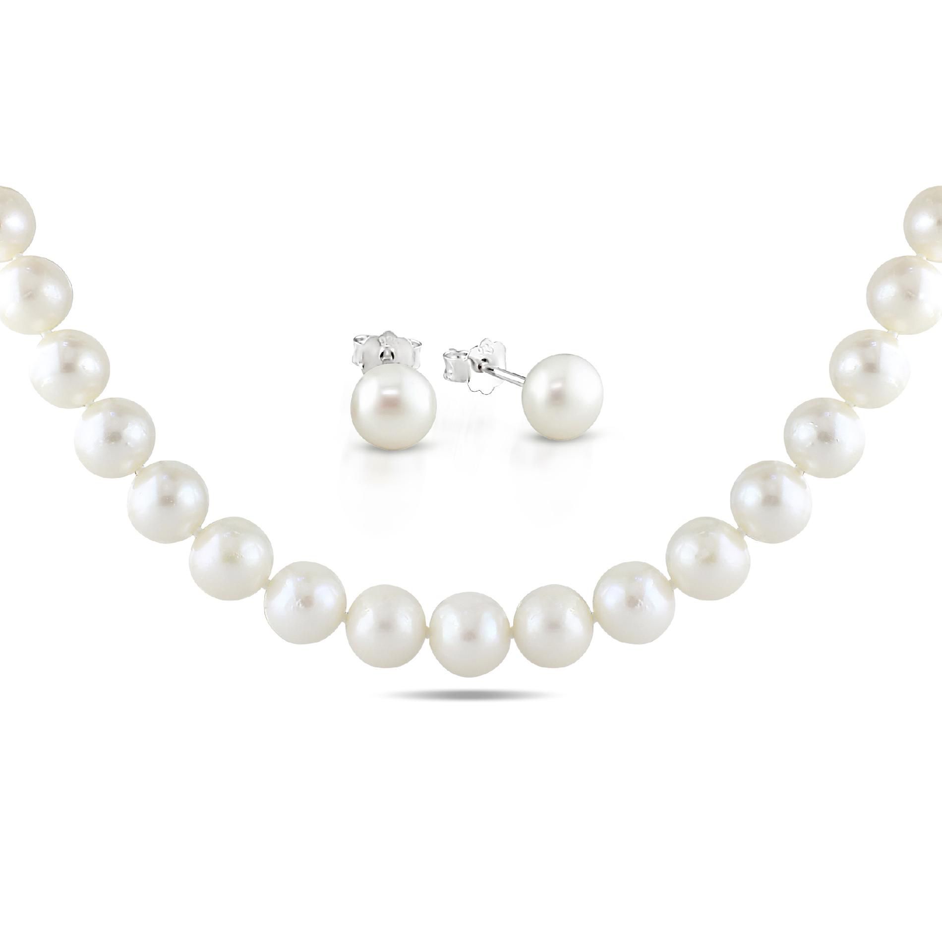 Sterling Silver Set of Freshwater White Pearl Necklace and Stud Earrings (10.5-11mm, 8-9mm) at Kmart.com