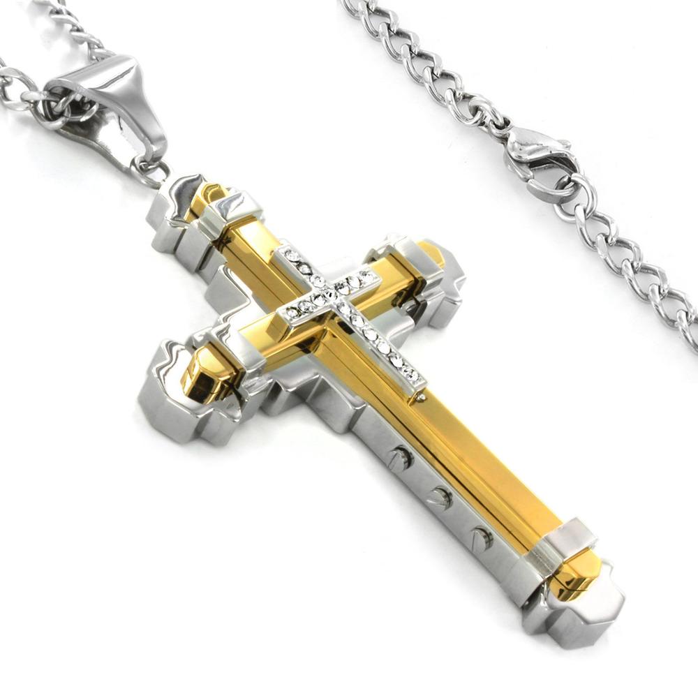 Two-tone Stainless Steel Cubic Zirconia Multi-layer Cross Necklace