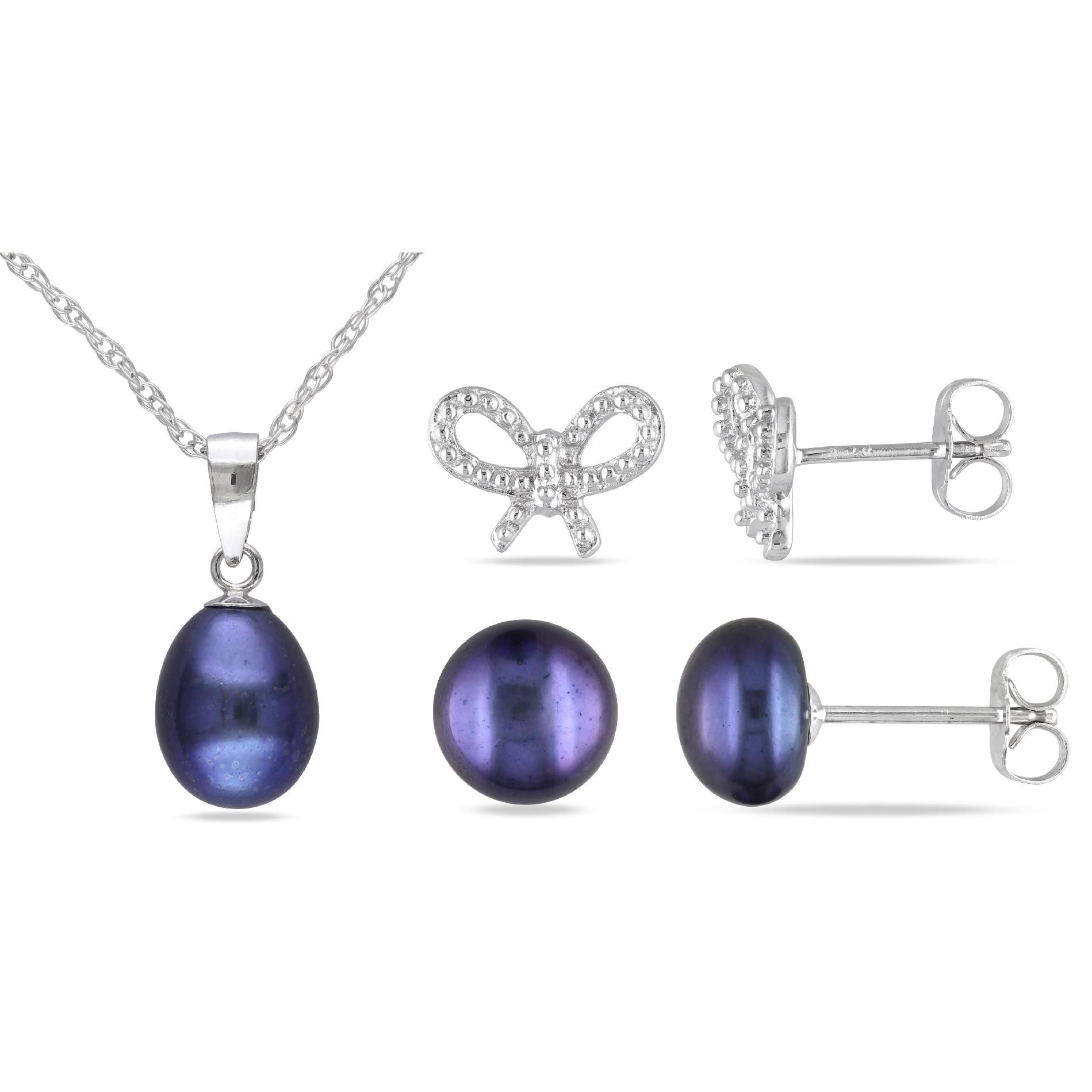 Set of Silver Butterfly Earrings, Black Button Pearl Stud Earrings & Freshwater Black Rice Pearl 18" Pendant (7-8mm, 9mm) at Kmart.com