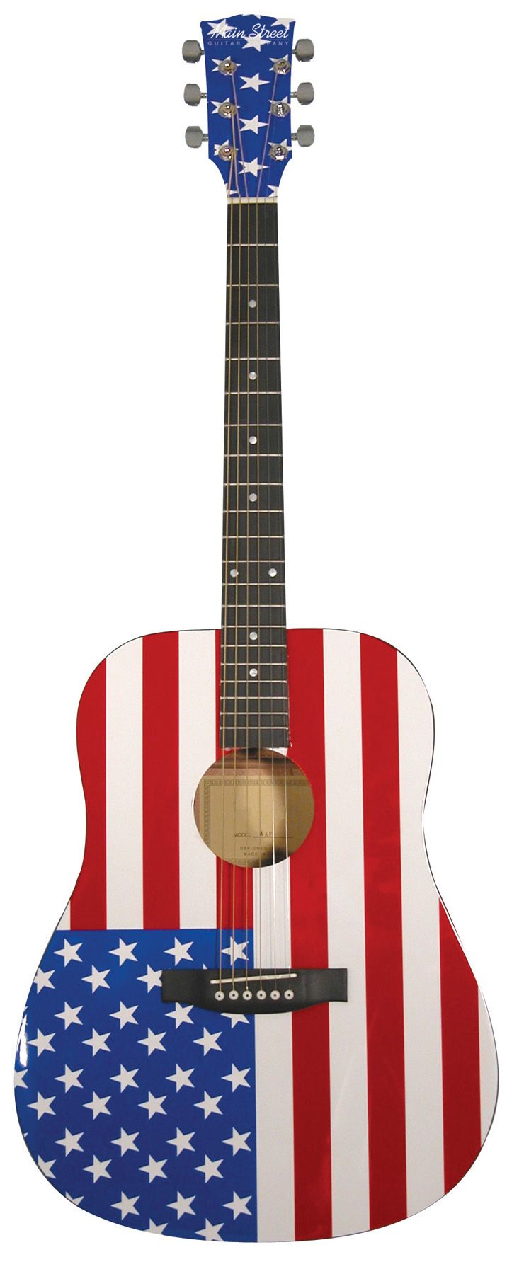 Main Street Dreadnought Acoustic Guitar with American Flag on High-Gloss White Finish