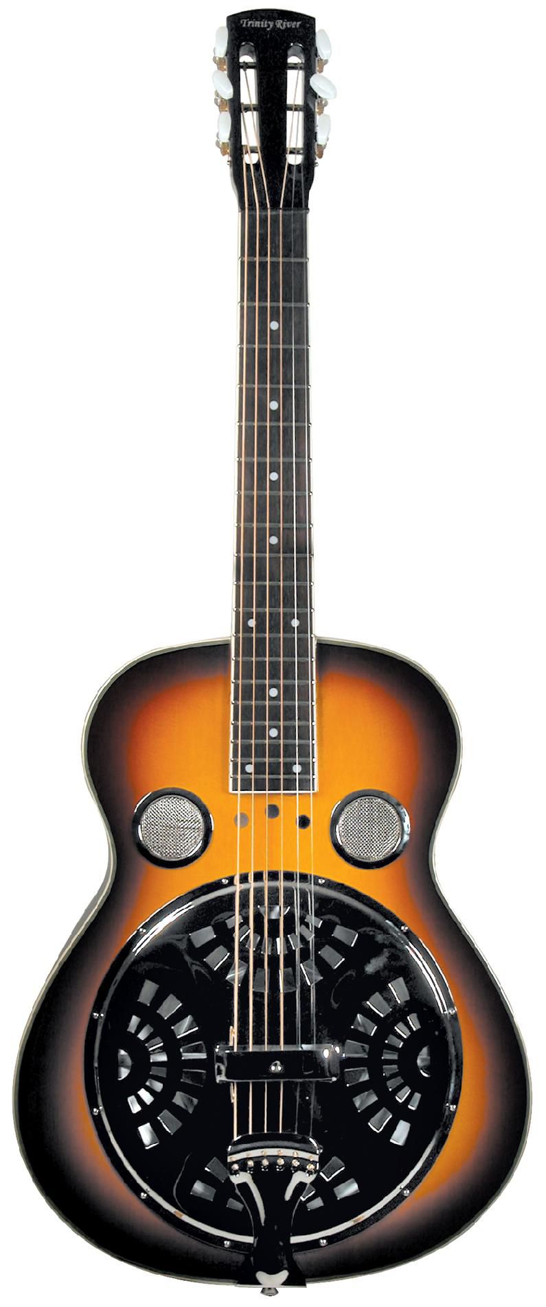 The Trinity River Mudslide Resonator Guitar with Square Neck and Tolex-covered, hard case.