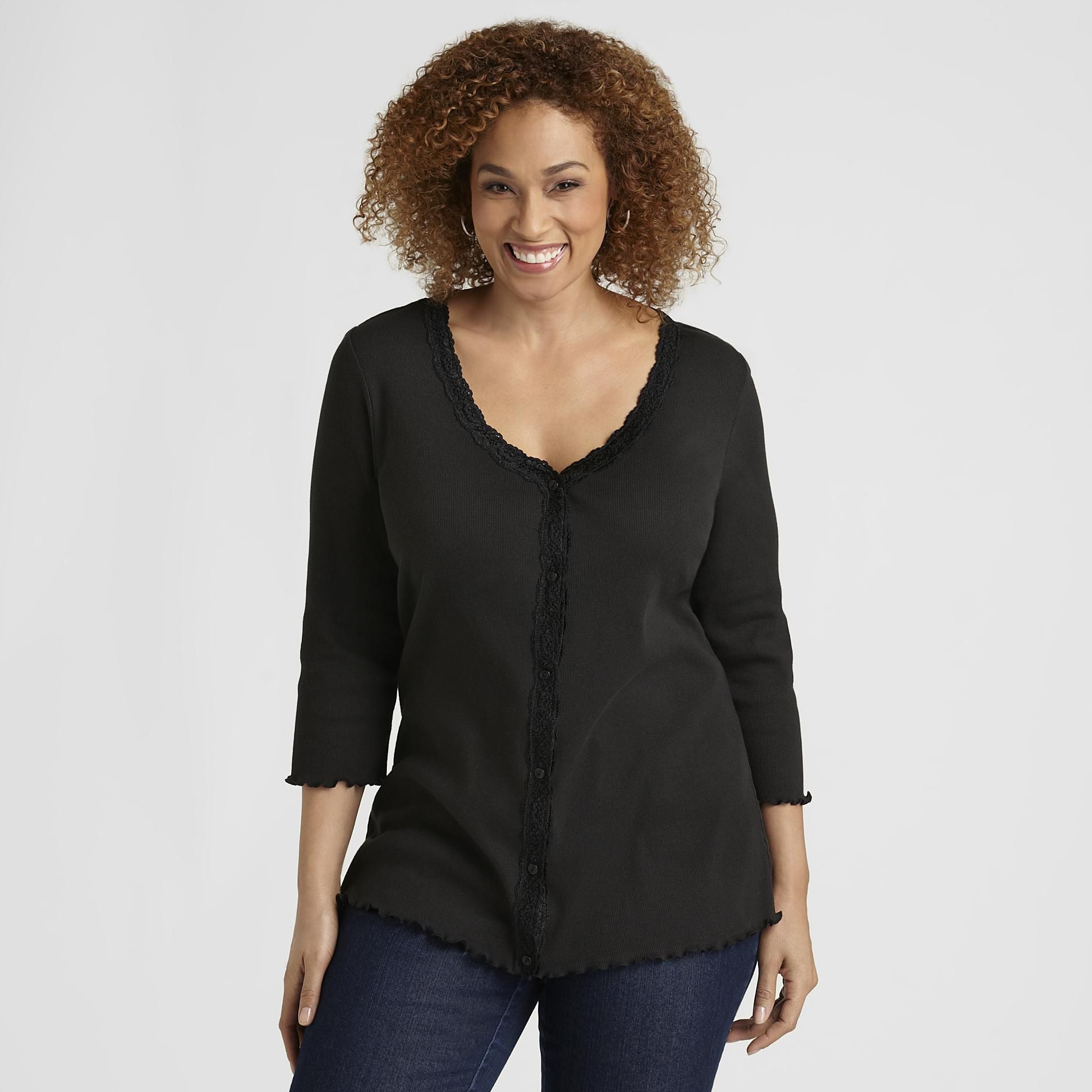 Basic Editions Women's Plus Cardigan - Lace Trim at Kmart.com