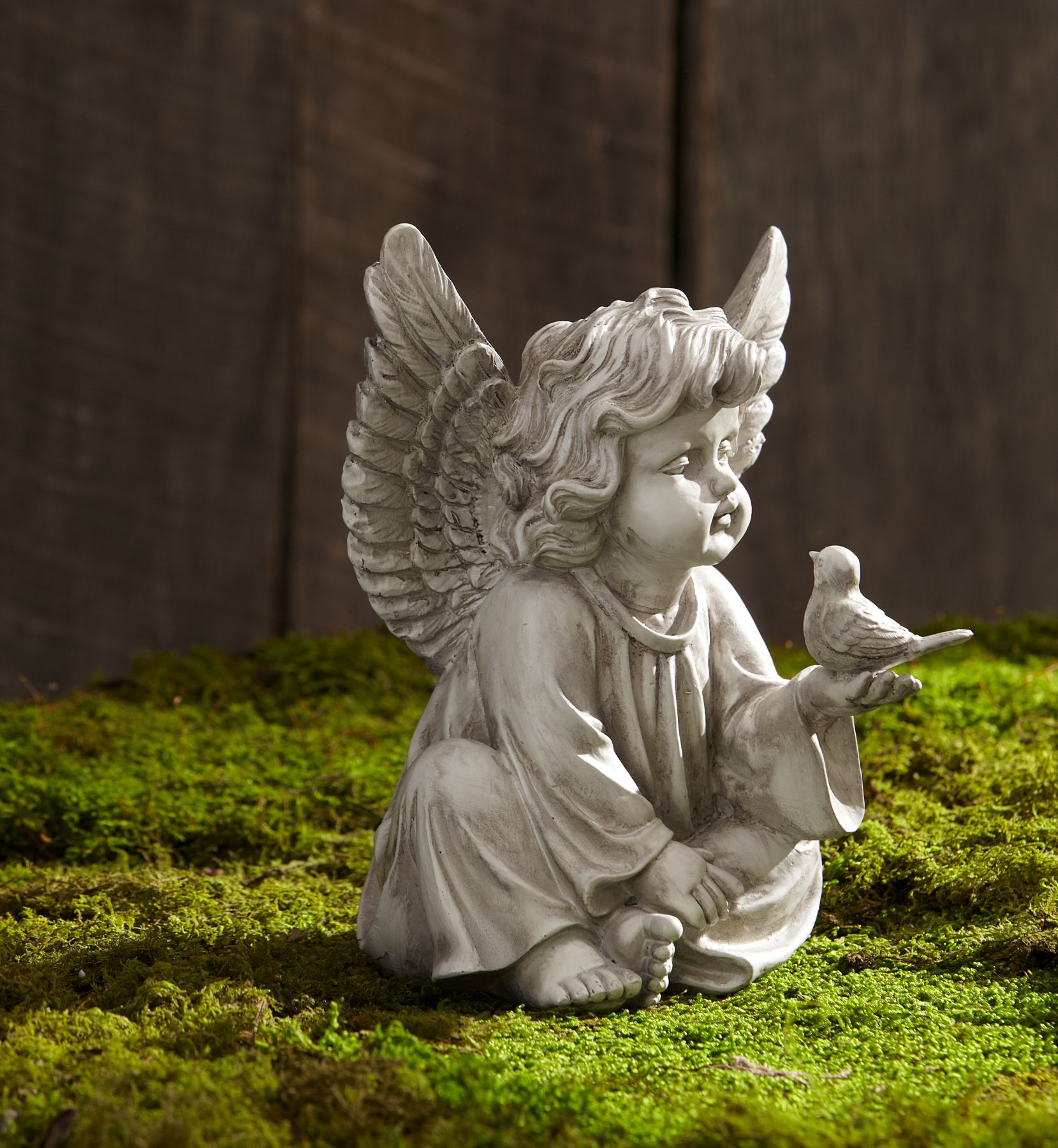 Cherub with Bird Sign Statuary Garden Rock Yard Ornament Statue
