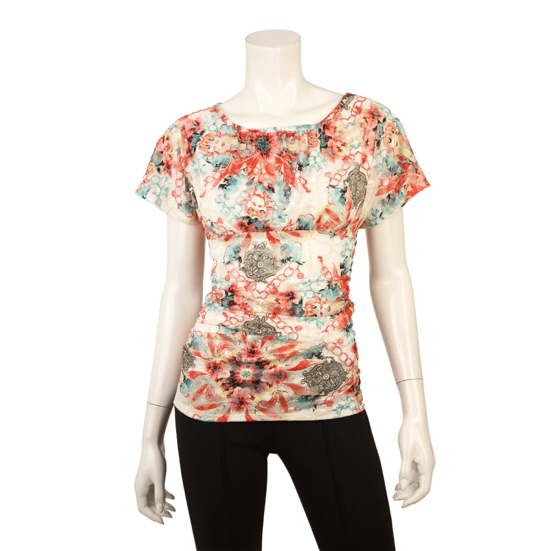 Byline Junior’s Top Floral Pattern Ruched Side Short Sleeve at Sears.com