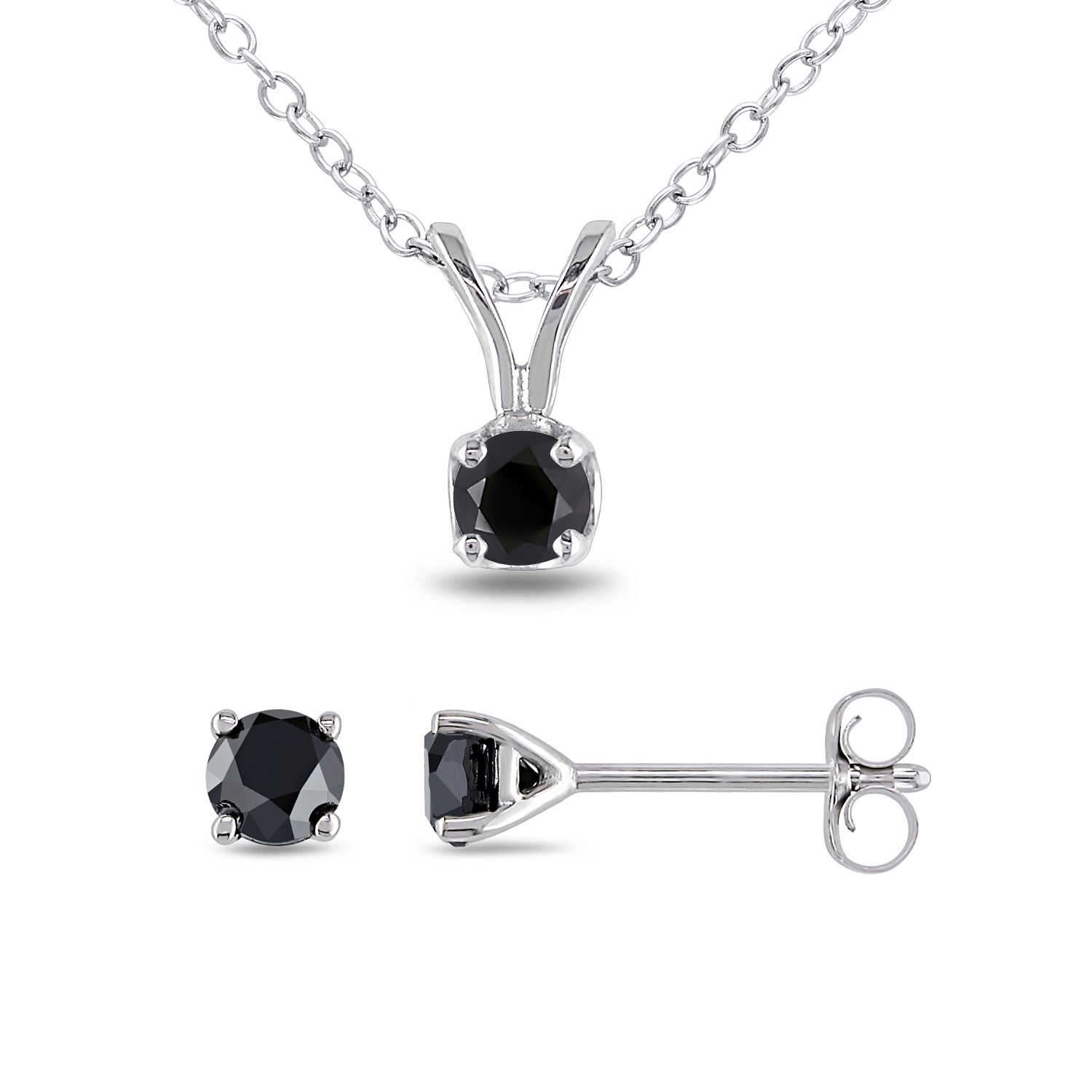 2pcs Set of 1/2 CT Black Diamond Solitaire Earrings &Pendant w/Chain in Sterling Silver