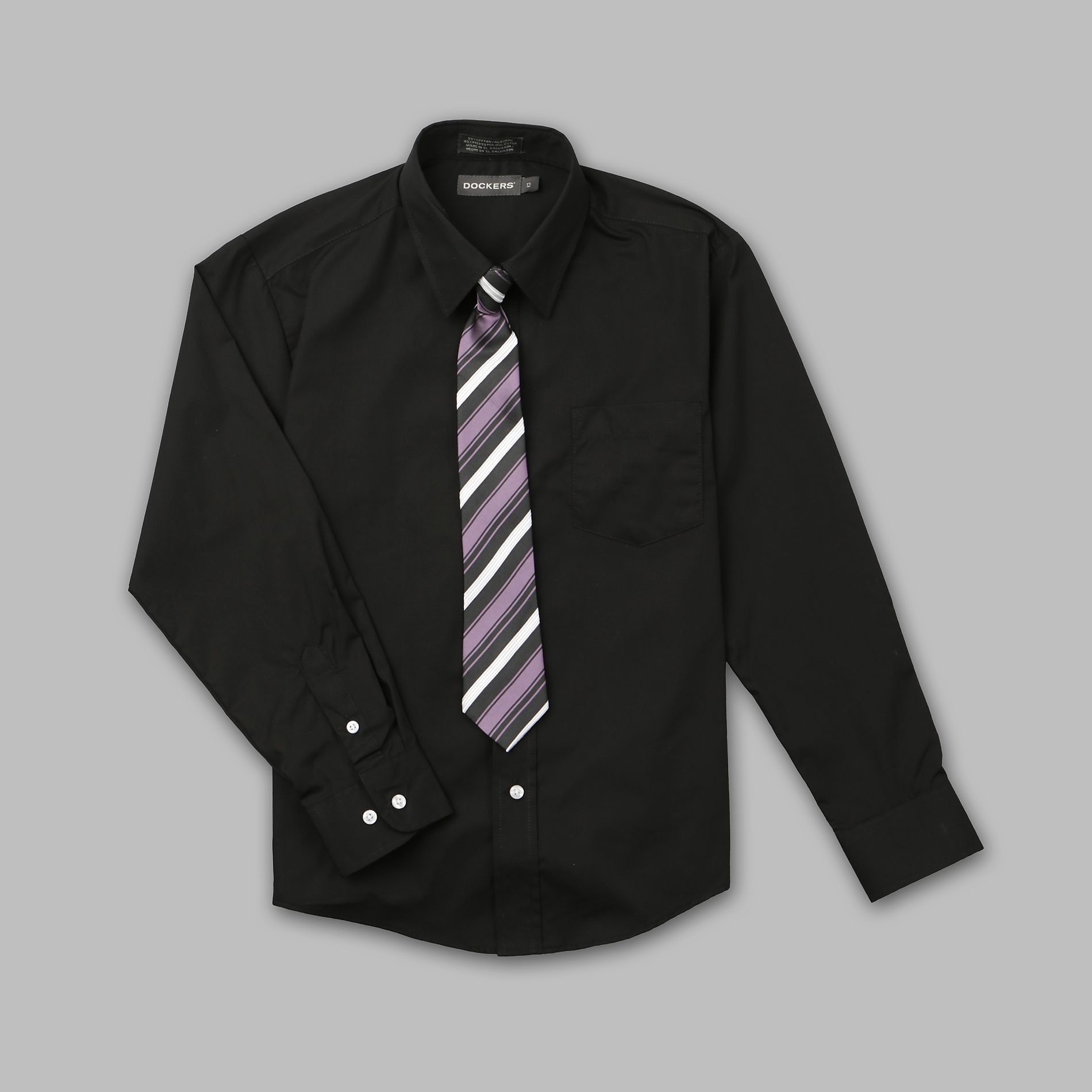 Dockers Boy's Dress Shirt & Striped Necktie Black/Gray Tie;Black;White;Blue/Yellow Tie 10;8;12;14;16;18;20