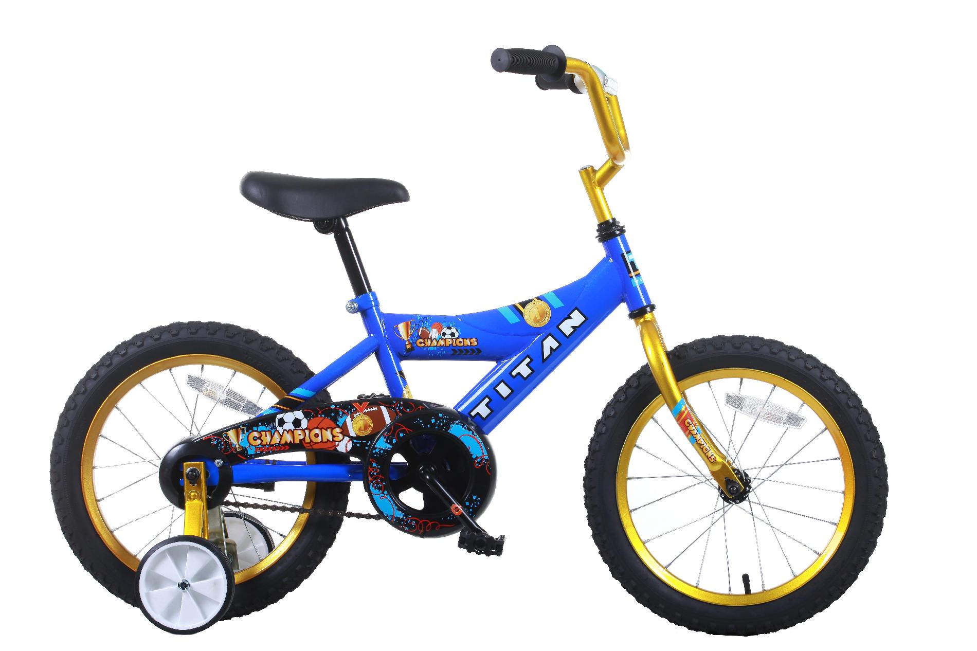 Titan Champion Blue and Gold Boys 16-Inch BMX Bike with Training Wheels