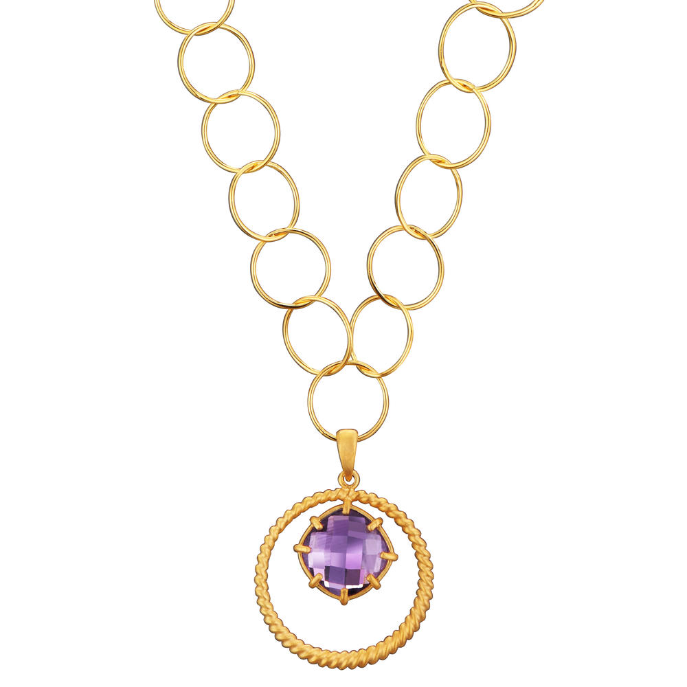 Cubic Zirconia (.925) Sterling Silver Gold Plated Ameythyst Round Drop Necklace