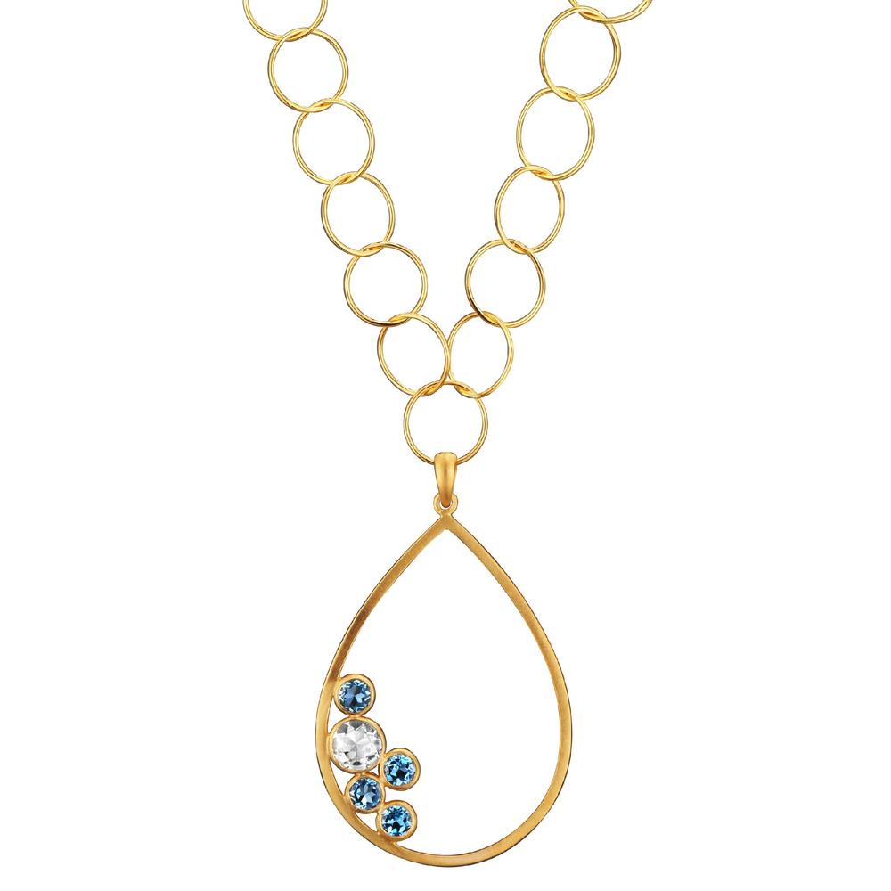 Cubic Zirconia (.925) Sterling Silver Gold Plated Blue Topaz Teardrop Necklace