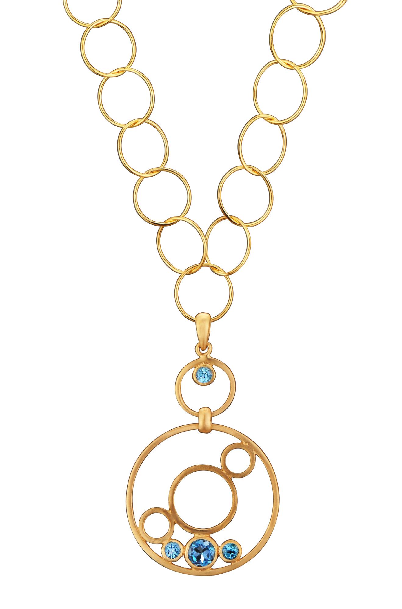 Cubic Zirconia (.925) Sterling Silver Gold Plated Blue Topaz Round Drop Necklace