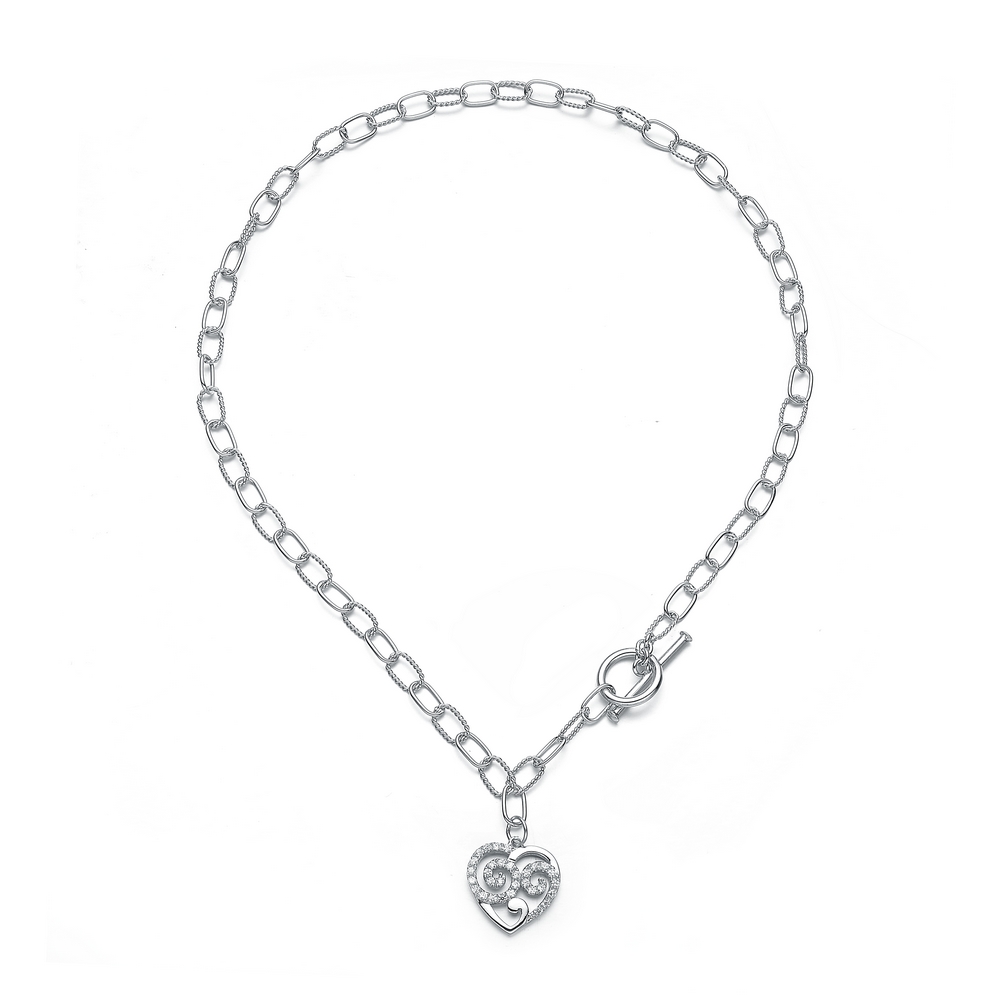 Cubic Zirconia (.925) Sterling Silver Link Chain Heart Necklace