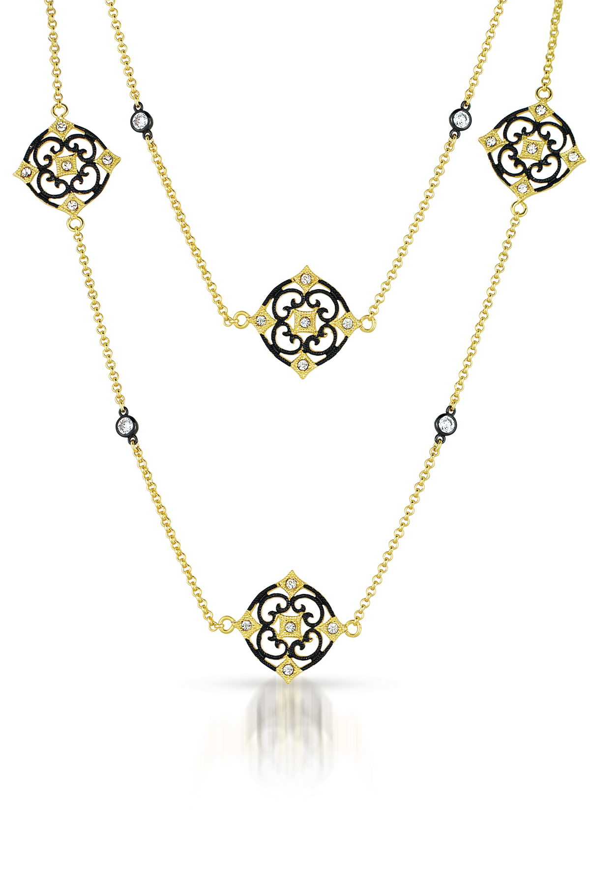 Cubic Zirconia (.925) Sterling Silver Black And Gold Lace Deco Necklace