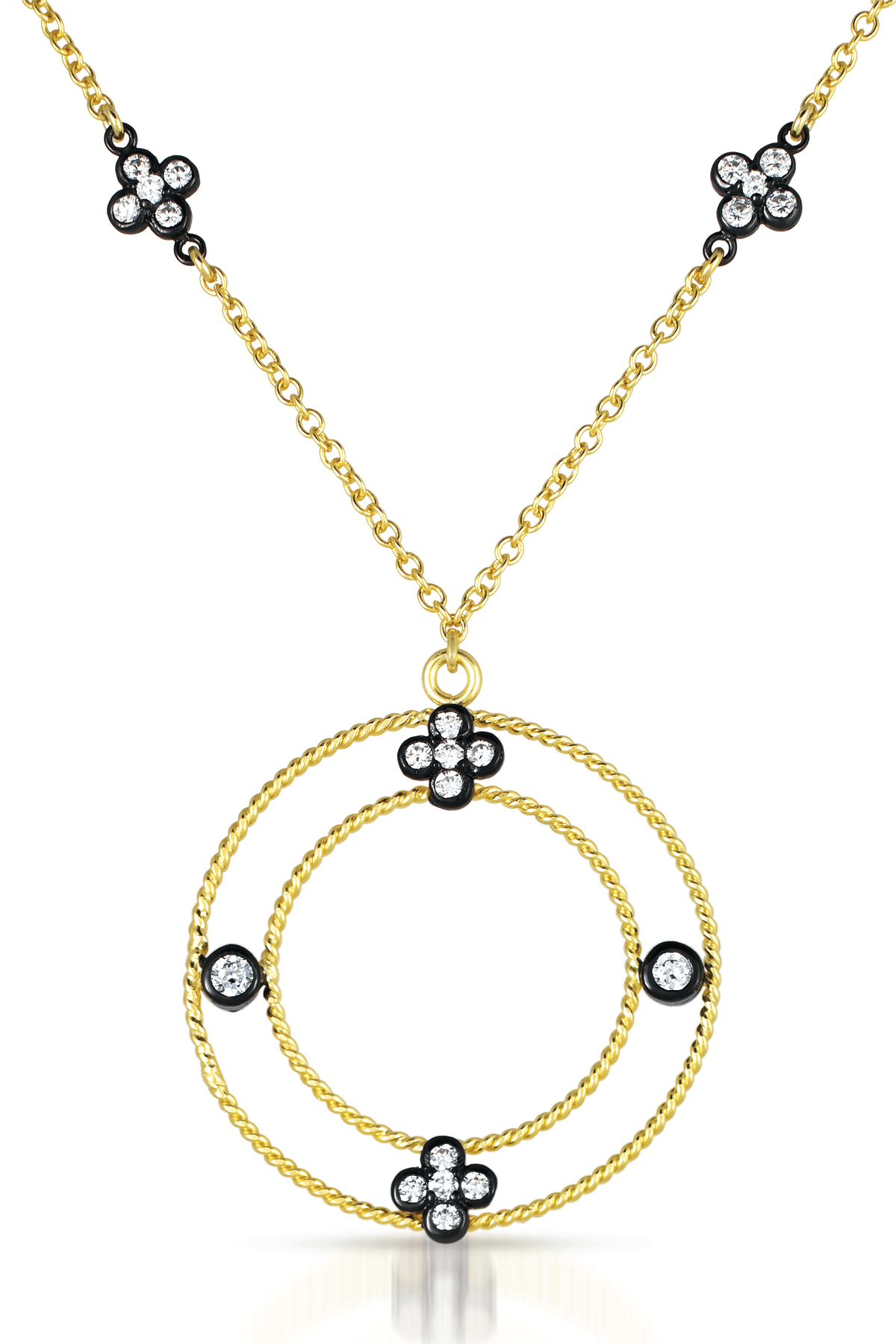 Cubic Zirconia (.925) Sterling Silver Black And Gold Round Drop Necklace