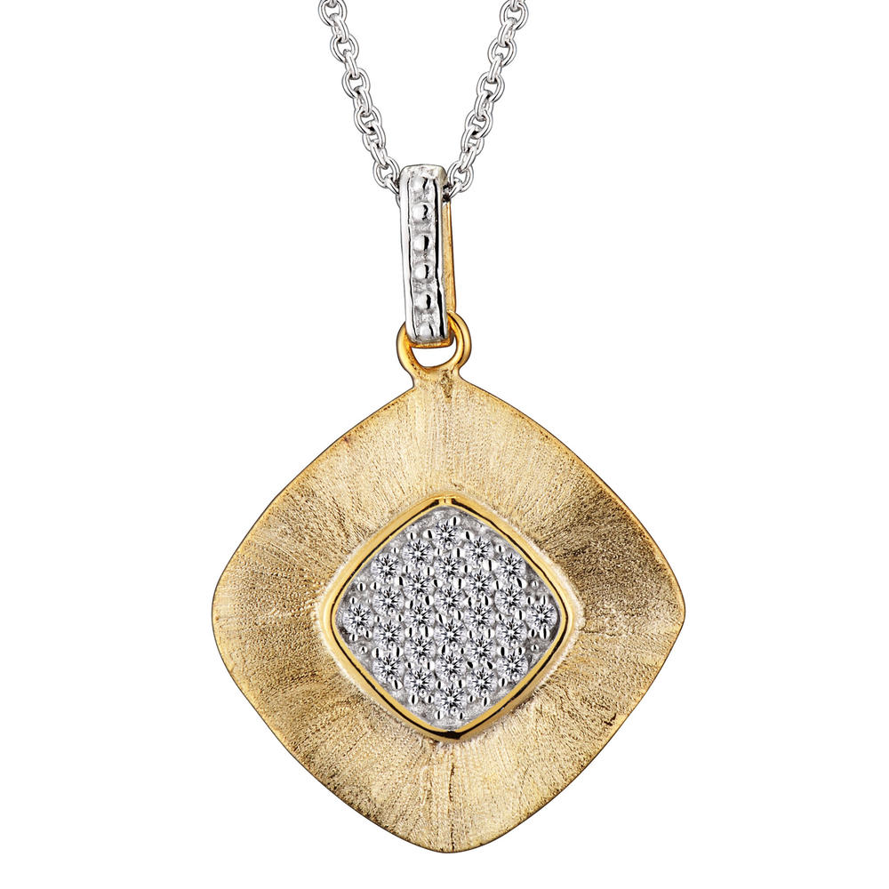 Cubic Zirconia (.925) Sterling Silver Gold Plated Hammered Square Drop Pendant