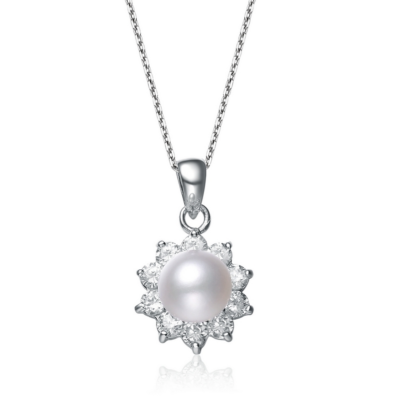 Cubic Zirconia (.925) Sterling Silver Round Flower Pearl Pendant
