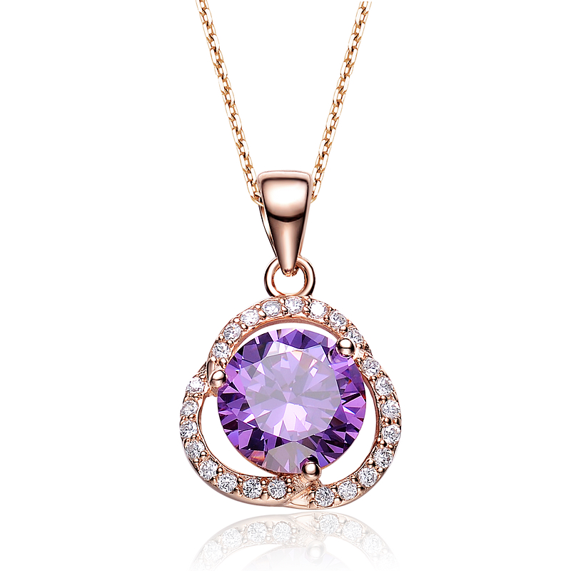 Cubic Zirconia (.925) Sterling Silver Rose Plated Ameyst Round Pendant