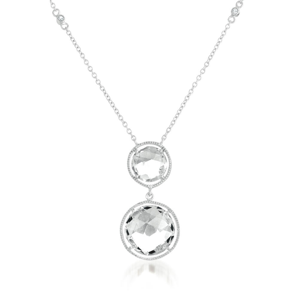 Sterling Silver Rhodium Plated Double Round Drop Clear Quartz Necklace