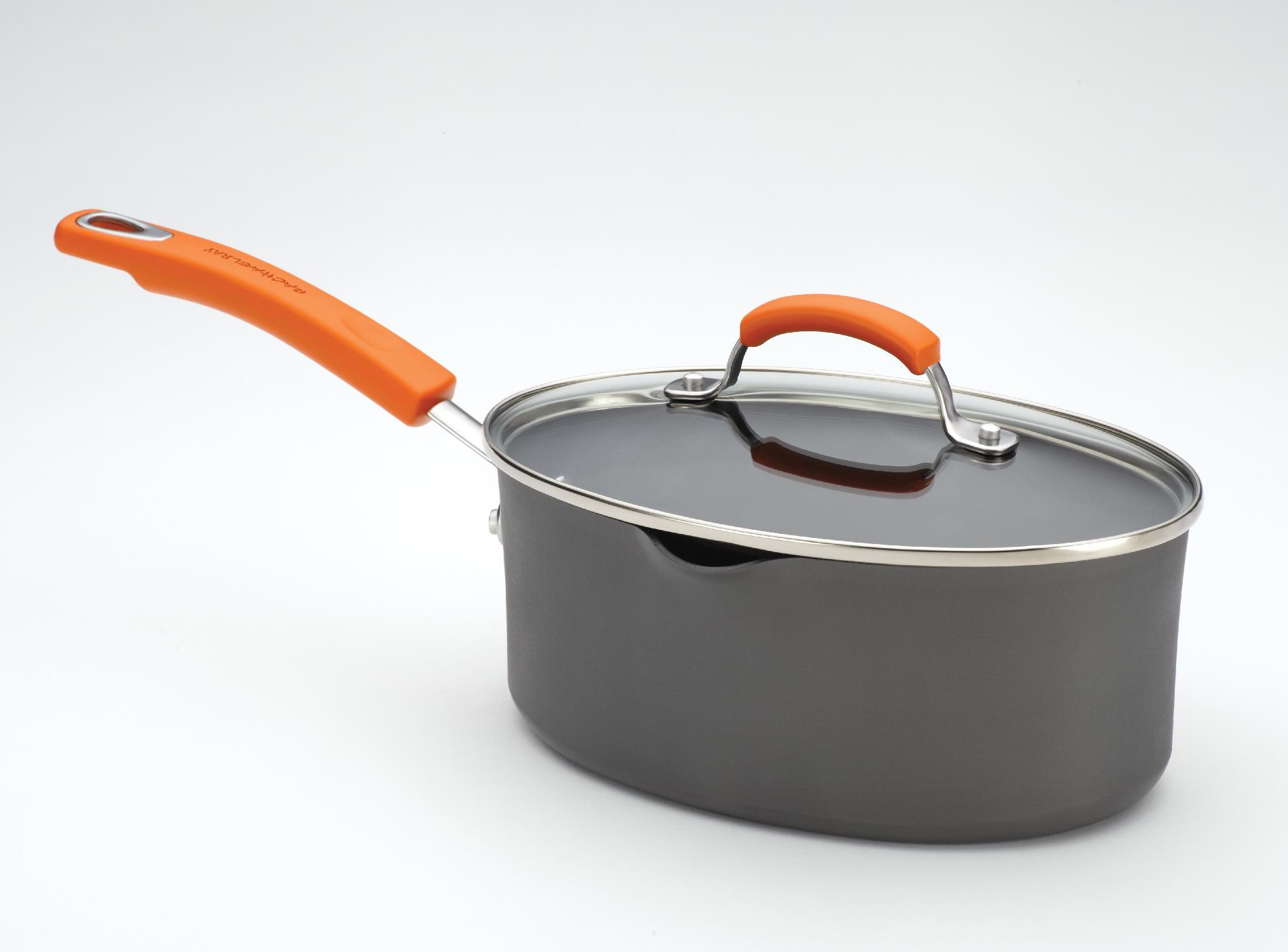 Rachael Ray 3-Quart Covered Oval Saucepan with Two Pour Spouts  Orange Handles